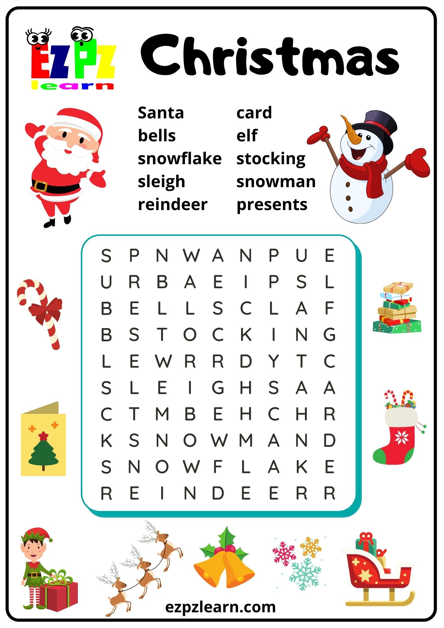 Kid's Christmas Word Search - Ezpzlearn.com